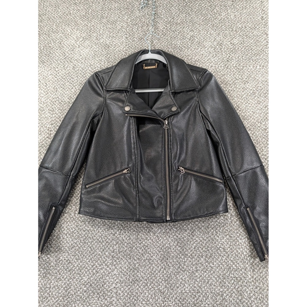T Tahari Black Faux Leather Biker Moto Jacket Asymmetric Zip Pebbled XS NEW